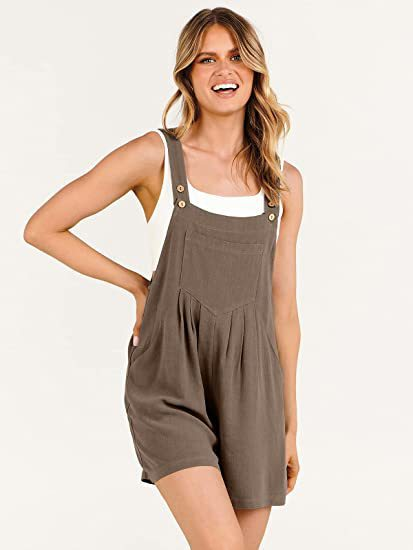 Women's pocket cotton and linen loose casual slim wide-leg jumpsuit shorts for women_voghion.com