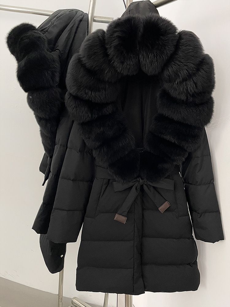 Women's Long Fox Fur Trim Down Coat With Belted Waist, Knee-Length Thick Winter Jacket_voghion.com