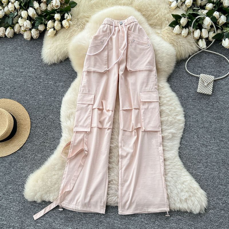 Women's Cargo Jogger Pants High Waist Drawstring Wide Leg Casual Trousers With Pockets Summer Loose Fit Workwear Style Polyester"_voghion.com