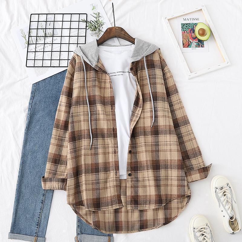 Abbigliamento da donna Camicie a quadri da donna primaverili, estive e autunnali. Camicia cardigan ampia con cappuccio in stile retrò Hong Kong_voghion.com