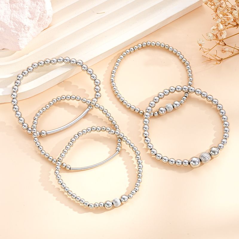 Bracelets Elastic Alloy CCB Round Bead Bracelet 4 Piece Set, Silver Fashion Multi Layer Stackable Jewelry Set_voghion.com