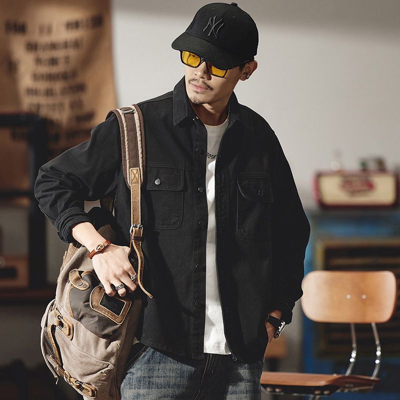 Large Size Men's Spring And Autumn New Denim Jacket Men's American Retro Pure Cotton Denim Jacket Men's Solid Color Fat Shirt_voghion.com