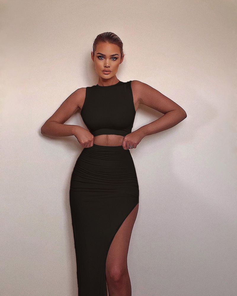 2024 Neues Damen-Sommerkleid mit kurzem Oberteil und geteiltem Hüftwickel, halber Rock, zweiteiliges Set_voghion.com