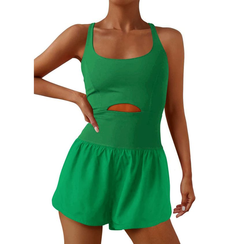 Tweedelige Illusion U-hals afslankende modieuze tanktop met aansluitende shorts, effen kleur, open rug, uitgeholde strakke romper voor dames_voghion.com