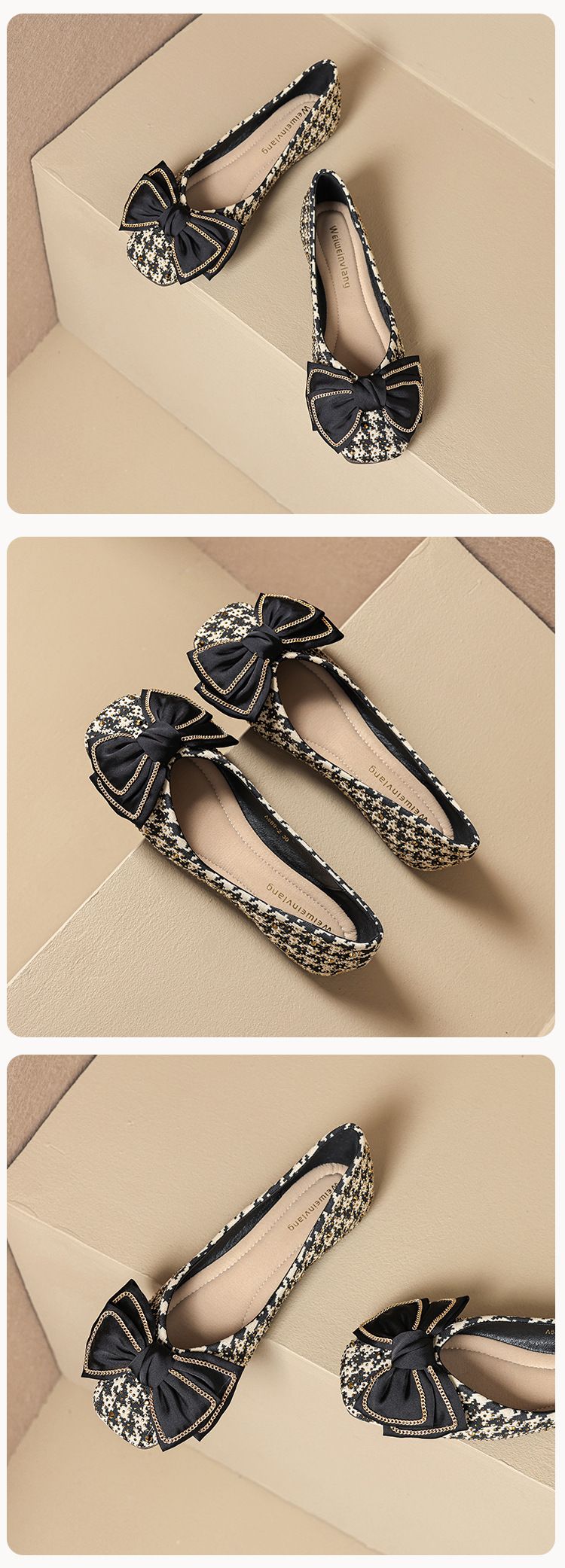 Sapatos femininos Square Head Single Bow Flat One Pedal Thousand Bird Grid Sola macia Boca rasa Doudou Shoes_voghion.com