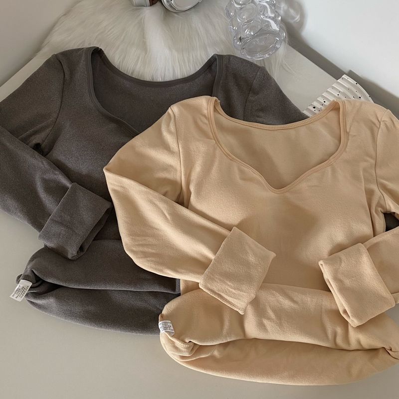 Maglia termica in pile caldo con petto imbottito, scollo a V, vestibilità attillata, manica lunga, strato di base per donna, autunno inverno_voghion.com