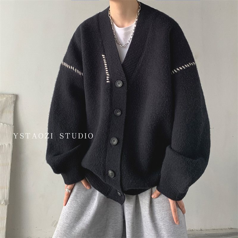 Strickjacke Pullover Herren Herbst neuer Trend lockerer V-Ausschnitt Strickpullover Design Sinn lässiger Pullover_voghion.com