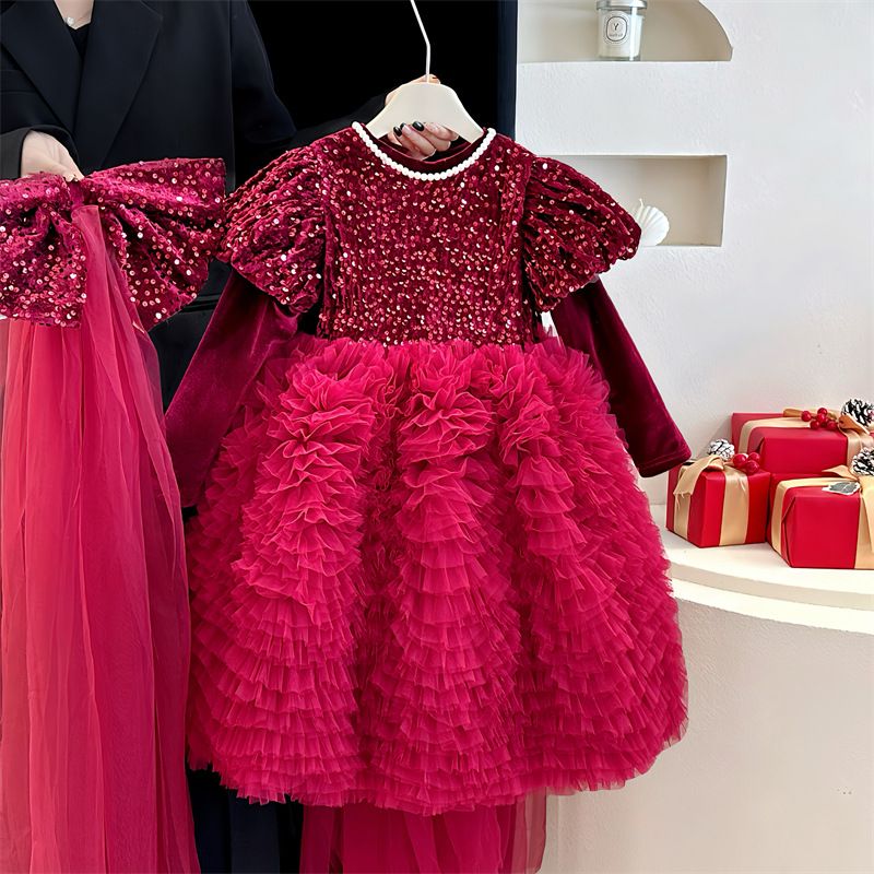 Abbigliamento per bambini Capodanno Natale Autunno e inverno Ragazze Gonna rossa con paillettes Abito di alta qualità Fiocco Fiore Ragazza Temperamento Tutu Gonna a ruota_voghion.com