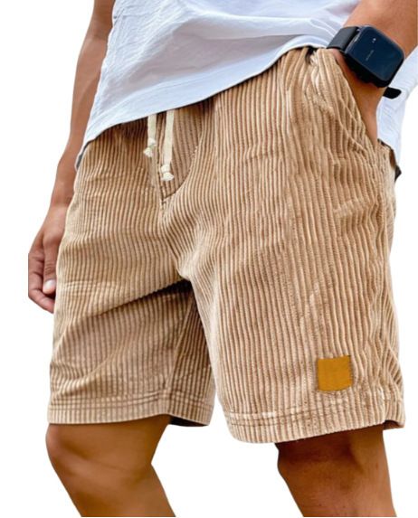 Pantalones cortos casuales de pana con cordón y logotipo bordado retro para hombre: transpirables y elegantes, ideales para el verano (varios colores y tallas)_voghion.com