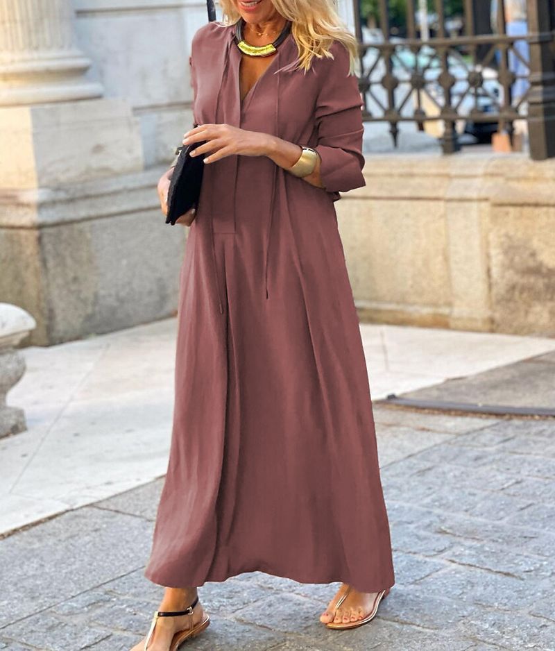 2022 Nuovo stile grande swing tinta unita colletto rovesciato manica semplice casual abito camicia lunga_voghion.com