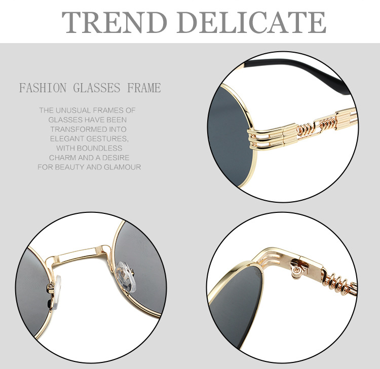 Occhiali da sole da uomo 8010, stile steampunk, con montatura rotonda retrò, occhiali da sole alla moda con gamba a molla in metallo_voghion.com