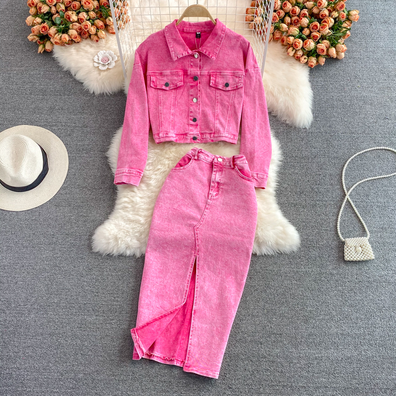 Dametøj Pink denimjakke kort dame løs jakketop todelt jakkesæt mellemlang højtaljet hoftenederdel efterår_voghion.com