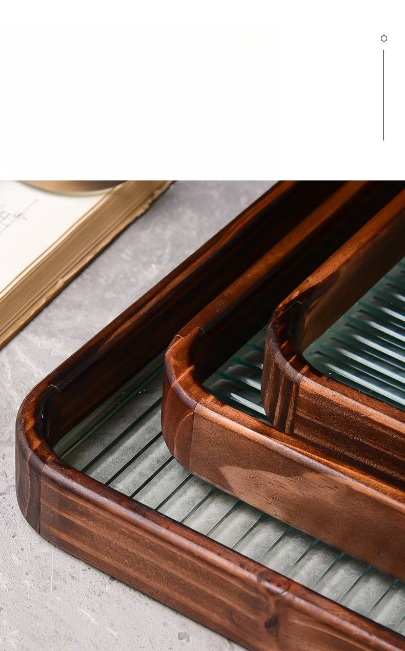Walnut-Colored Rectangular Tray With Textured Glass - Minimalist Serving Platter For Tea, Coffee, Fruits & Desserts_voghion.com