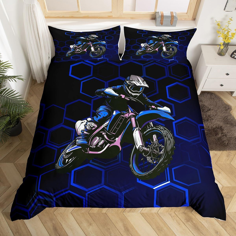 Blaues Dirtbike-Bettbezug-Set, Doppelgröße für Kinder, Jungen, Teenager, Schlafzimmer, sechseckiges Wabenbettwäsche-Set, geometrischer Extremsport-Bettbezug mit_voghion.com