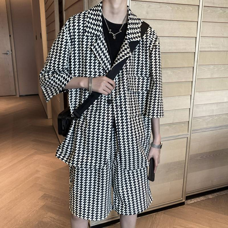 Summer Men's Light Mature Style Cool And Stylish Checkered Suit, Three-quarter Sleeve Suit Jacket And Shorts Two-piece Set_voghion.com