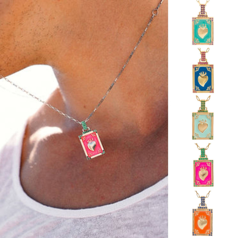 Collana con ciondolo a forma di carta dei tarocchi geometrica vintage da uomo con goccia a forma di cuore in smalto colorato, placcata in oro per una lucentezza duratura, lunghezza regolabile_voghion.com