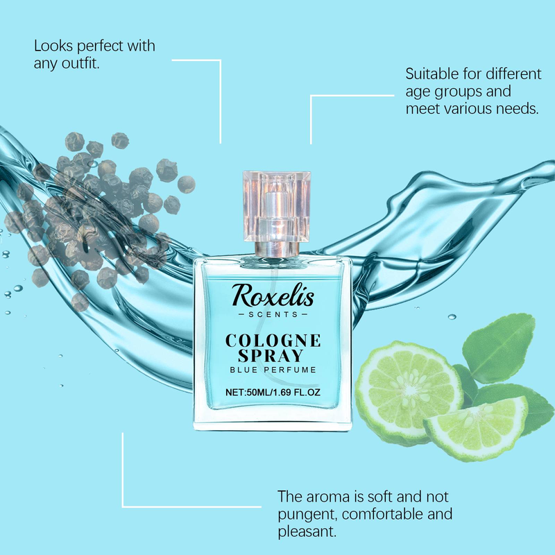 Roxelis Cologne Blue Parfüm: Natürlicher, leichter Duft, frische Noten, charmanter Amber, langanhaltend, elegant. Perfekt für Verabredungen zu zweit._voghion.com