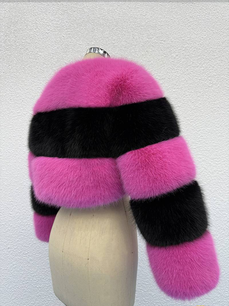 Damen Kunstpelzmantel – Ultrakurze Jacke mit Fuchspelzbesatz (Rosenrot/Schwarz, S-3XL) | Wintermode Oberbekleidung_voghion.com