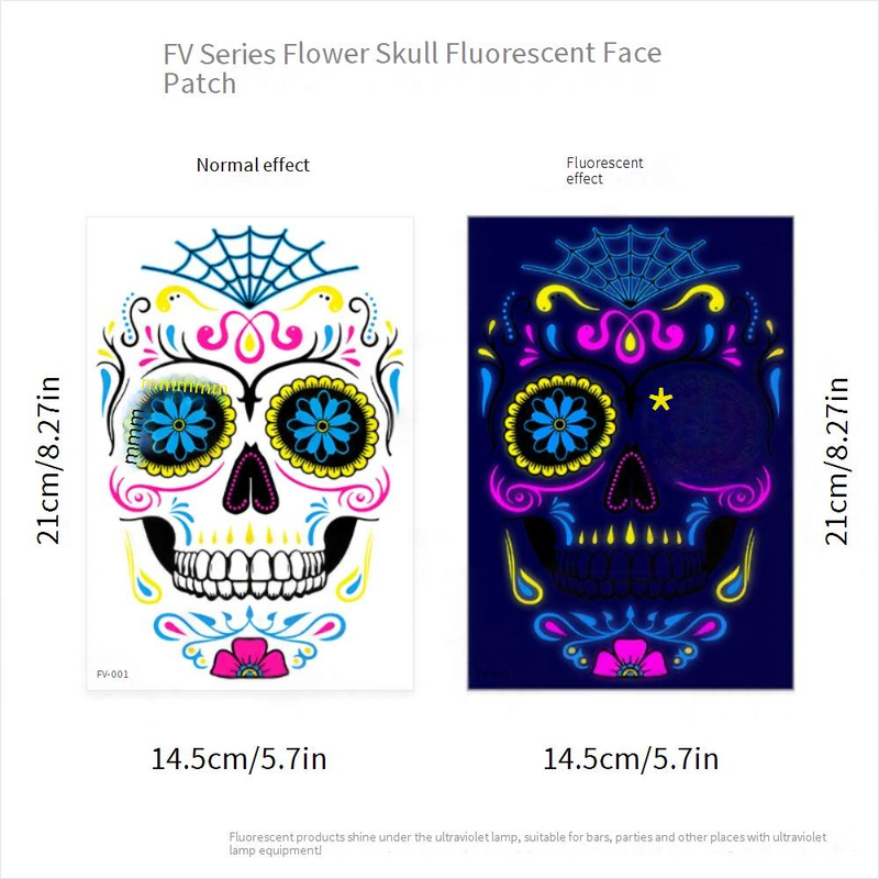 Halloween Temporary Tattoos Stickers - Glow In The Dark Day Of The Dead Face & Body Art For Party, Scary Makeup, Costume Accessories (8-Piece Set)_voghion.com