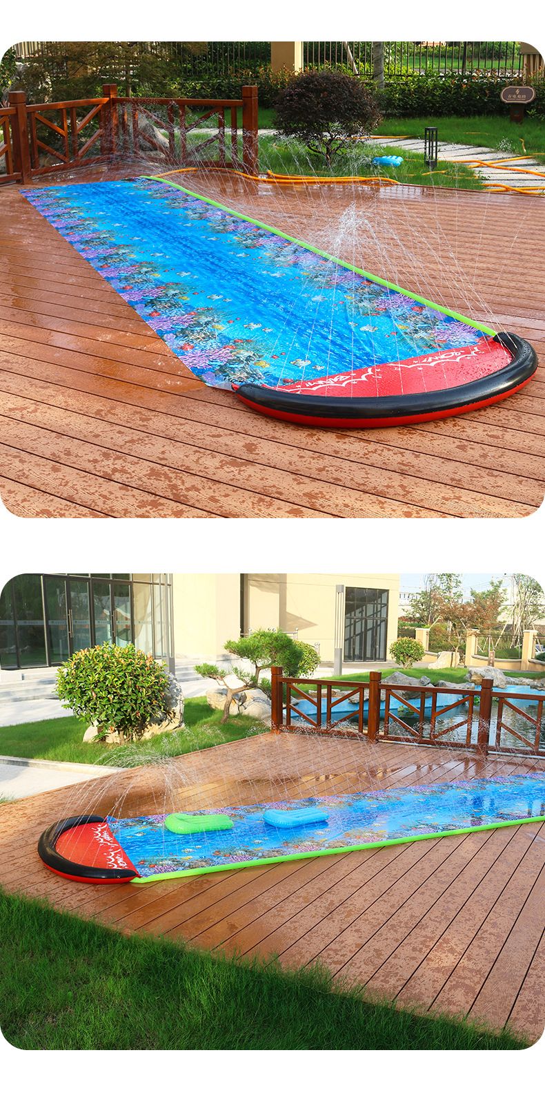 Opblaasbare PVC waterglijbaan met sproeier, buitenglijbaan voor kinderen en volwassenen, inclusief dubbele baan, splashpool en golfplank._voghion.com