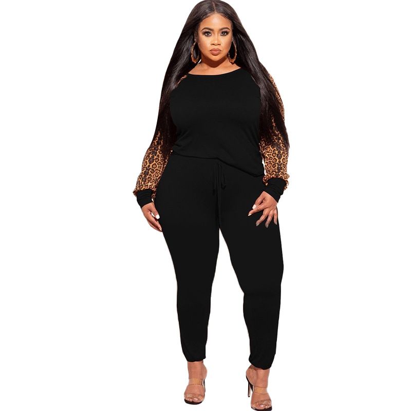 Costume deux pièces décontracté pour femmes, imprimé léopard, couleur contrastée, mode, grande taille, grande taille_voghion.com