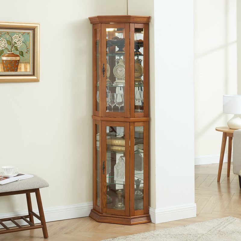 Corner Curio Cabinet Lighted Corner Display, Glass Display Shelf Shelving Bar Cabinet With Tempered Glass Door, Bar Cabinet,Cabinet With Adjustable Shelf Glass Cabinet Shelves Bead Bulb Included_voghion.com