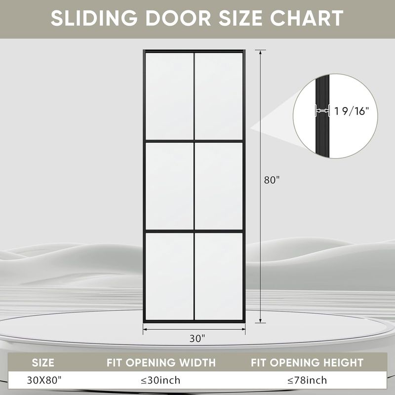 JUBEST 30in X 80in Glass Sliding Barn Door, 3-Panel Black Aluminum Frame And Clear Tempered Glass Modern French Door, Easy To Install (No Sliding Hardware Kit)_voghion.com