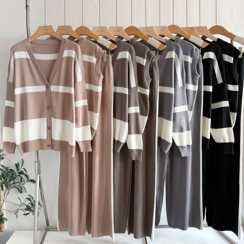 Women's Wide Leg Jogger Pants Set With Striped Design - 3-Piece Casual Outfit Stylish & Comfortable Knit Lounge Wear For Work & Daily Life_voghion.com