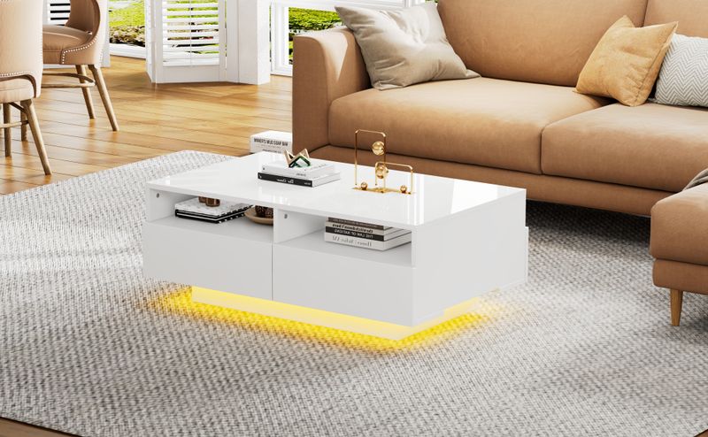 Table basse LED avec 4 tiroirs, table centrale de salon moderne avec éclairage RVB 16 couleurs, port USB, blanc_voghion.com