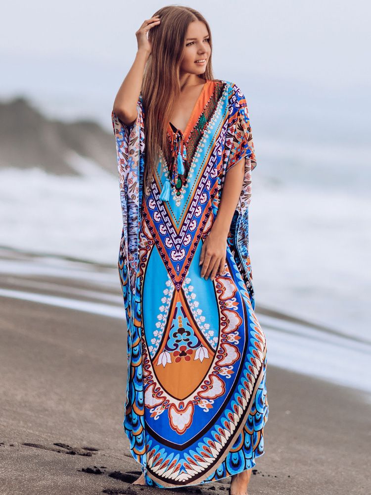 Abito da spiaggia in rayon bohémien – Copricostume oversize con stampa artistica (taglia unica, misto cotone traspirante)_voghion.com