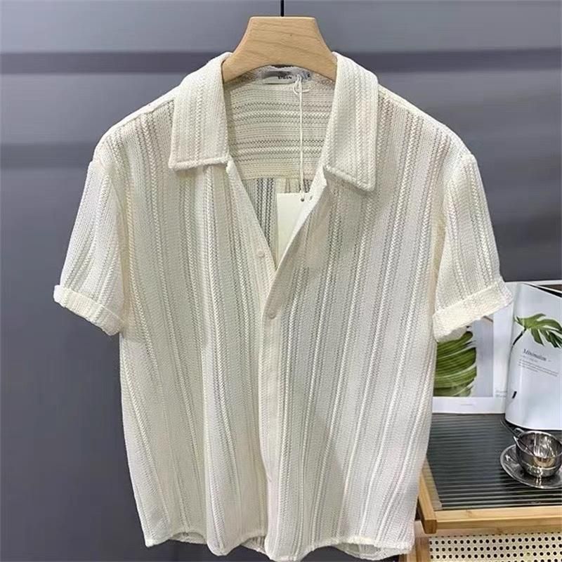 Herrenbekleidung Neues High-End-Hemd mit hohlem Revers und kurzen Ärmeln für Herren Sommer Dünnes, lockeres Hemd für Herren_voghion.com