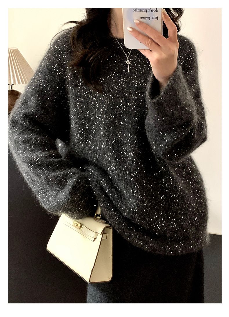 Maglione in mohair con scollo rotondo e paillettes stellate per donna, maglia larga, camicia autunnale da donna_voghion.com
