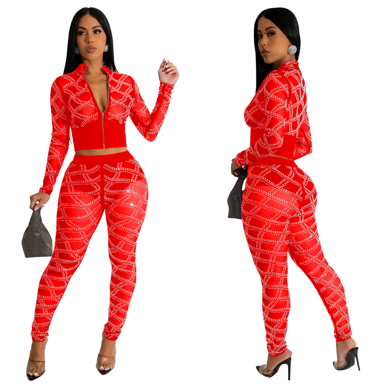 Set di due pezzi di pantaloni a maniche lunghe a maniche lunghe con diamanti caldi in maglia tinta unita da donna_voghion.com