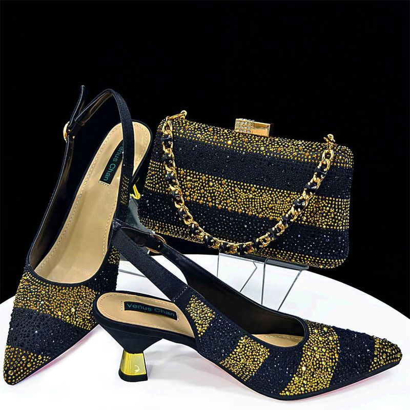 Shoe bag set combination with pointed striped rhinestones matching square handbag_voghion.com