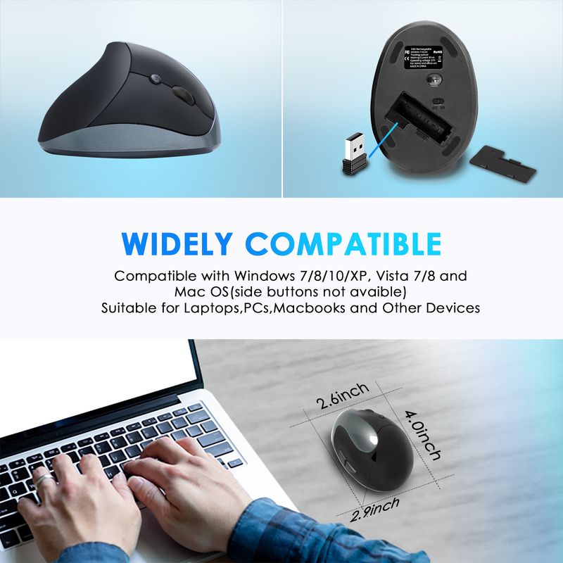 Mouse vertical ergonômico – sem fio 2.4G, 1600 DPI, programável com 6 teclas, recarregável/bateria, clique silencioso (preto/prata/rosa)_voghion.com