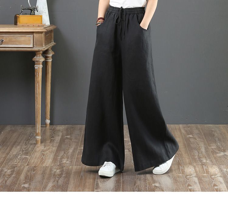 2023 Spring Summer Korean Cotton Loose Plus Size Wide Leg High Waist Floor-Length Straight Linen Women's Pants_voghion.com