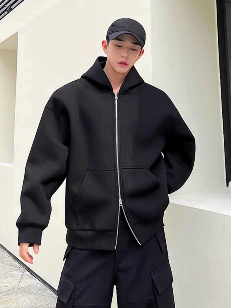 Cardigan hoodie men's double zipper autumn and winter hooded sweatshirt zipper jacket trendy hoodie jacket_voghion.com