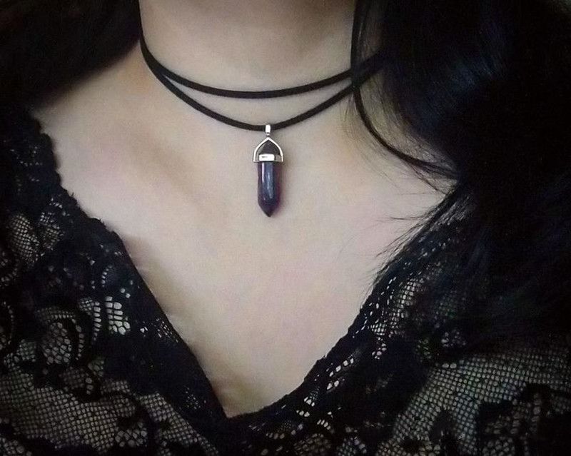 Necklaces Hexagonal Column Crystal Pendant Double Wrap Choker Necklace_voghion.com