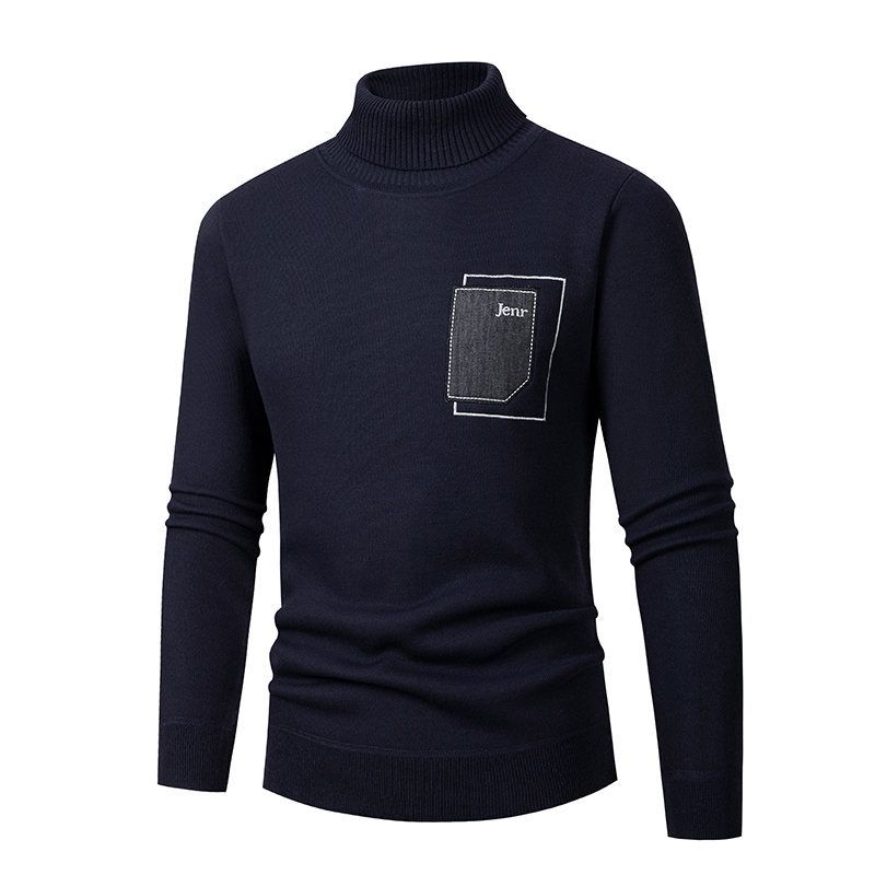 Men's High Neck Knit Sweater With Patchwork Design, Fleece-Lined Warm Pullover For Autumn Winter, Slim Fit Casual Comfortable Tops_voghion.com