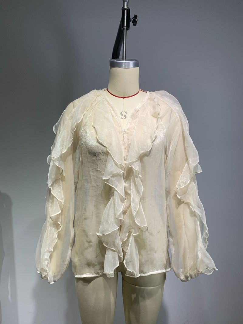 Elegant Chiffon Blouse With Cascading Hem – Flowy V-Neck Shirt With Ruffle Detail (Polyester, S-L, White/Pink/Khaki, Boho Office )_voghion.com