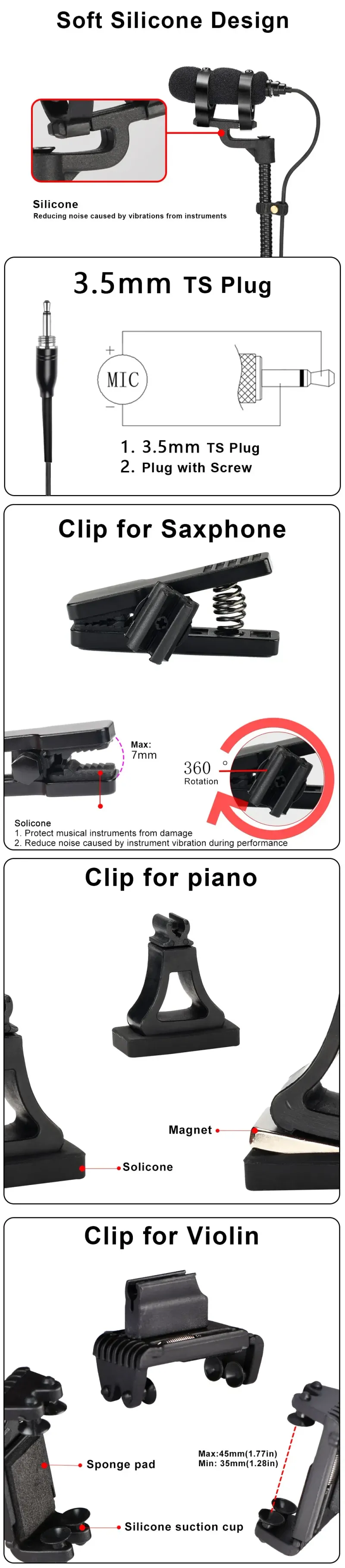 LOMEHO Instrument Microphone Wired 3.5mm Plug with Clip Mini Condenser Musical Mic for Saxophone Piano Vio IM-22-L3_voghion.com
