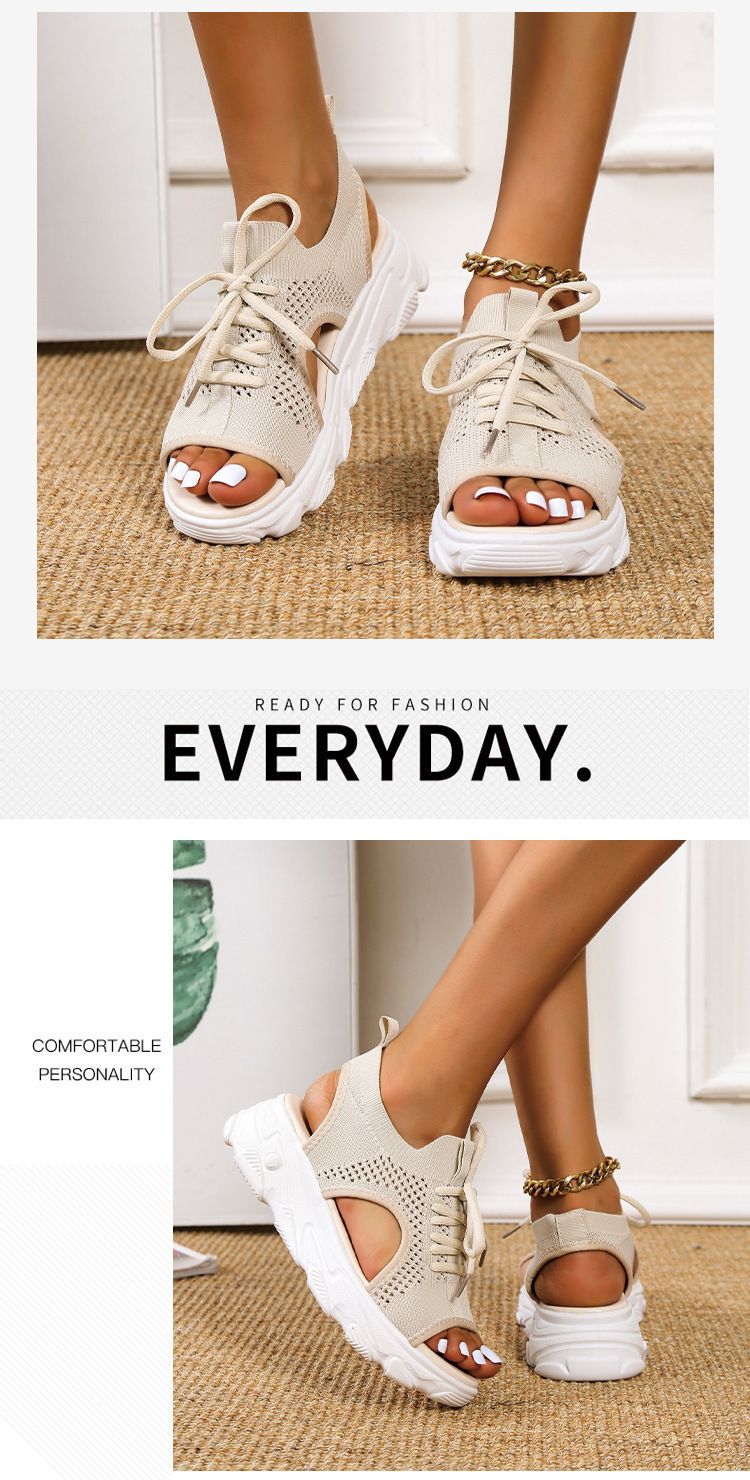 42 Große Sportarten für den Sommer im neuen Stil für Damen, dicker Flyknit, weich, lässig, flacher Boden, hohle Strandsandalen_voghion.com