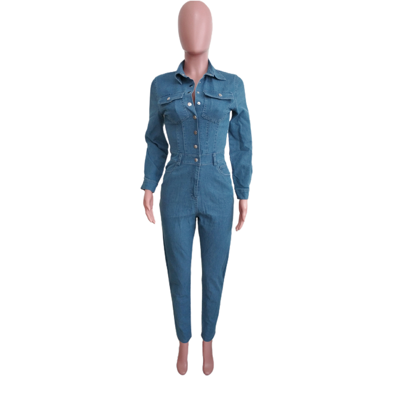 Modischer, schmaler Stretch-Denim-Overall für Damen mit langen Ärmeln und kleiner Fuß-Mund-Waschung_voghion.com