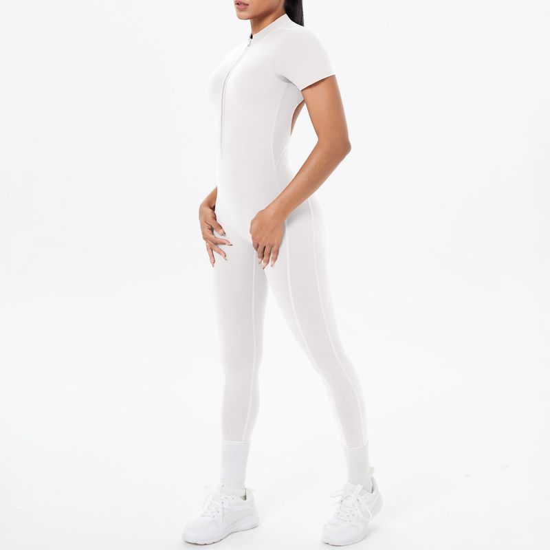 Combinaison de sport rembourrée à manches courtes et col ouvert, avec fermeture éclair et dos nu, idéale pour le yoga et le fitness_voghion.com