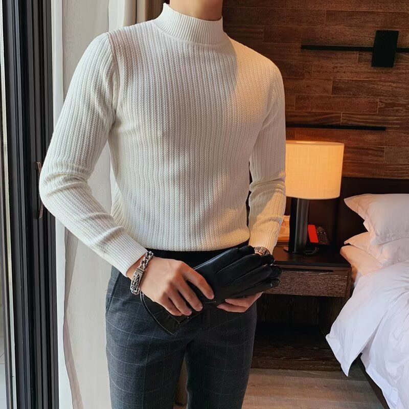 Herbst und Winter neuer halbhochgeschlossener gestreifter Pullover Herren Strickpullover Pullover Slim Fit Mittelhalspullover Strickoberteil_voghion.com