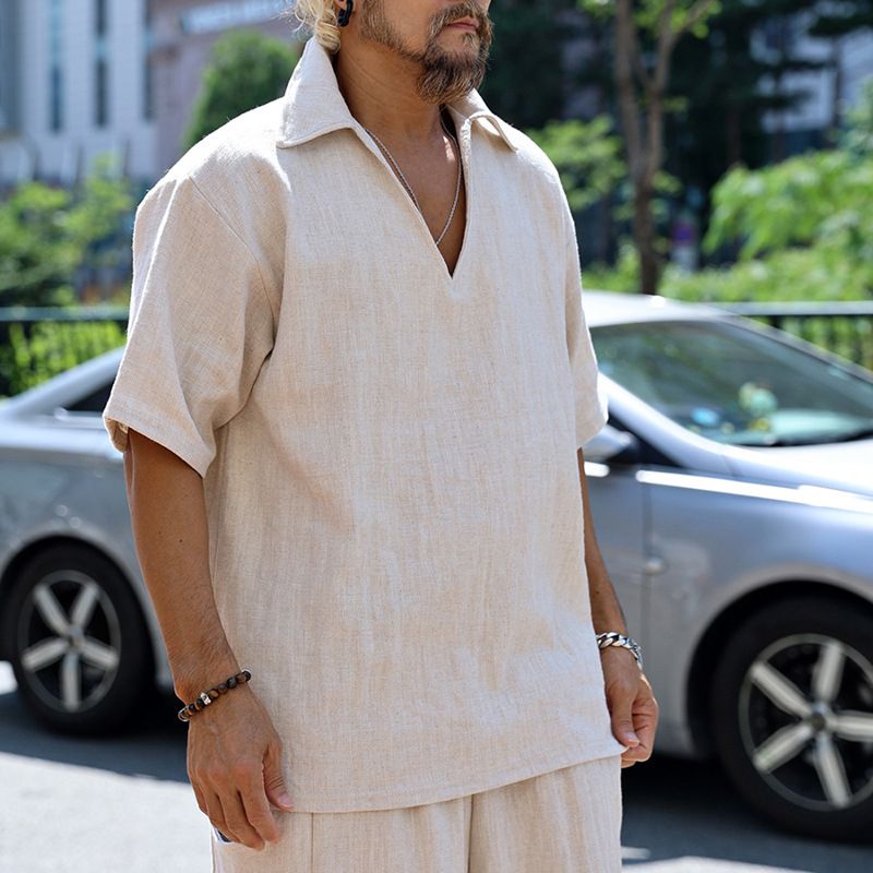 Herrenbekleidung Frühling und Sommer Poloshirt V-Ausschnitt Einfarbig Lässiger Zweiteiliger Anzug_voghion.com