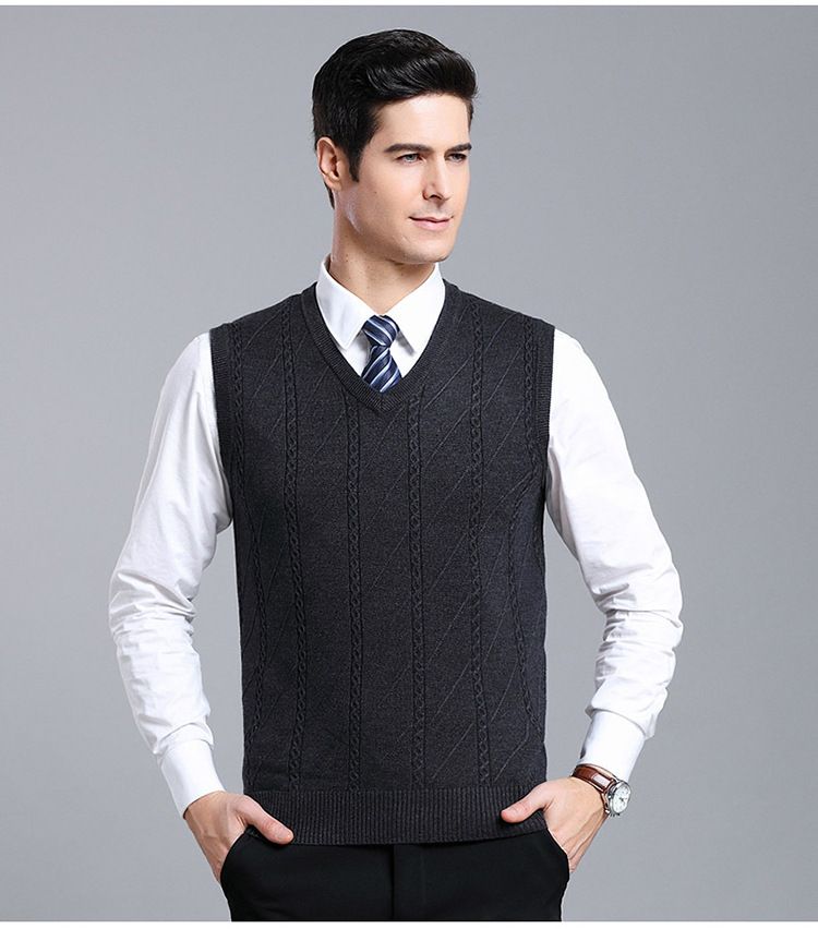 Men's Wool Blend Knit Vest, Solid Color Cable V-Neck Sleeveless Pullover, Casual Layering Piece For Autumn_voghion.com