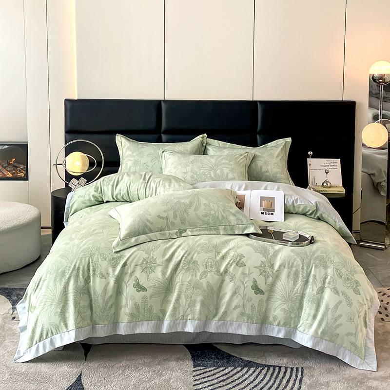 Set copripiumino di lusso con ricamo effetto lino - 4 pezzi in cotone spazzolato con orlo ampio e stampa floreale_voghion.com