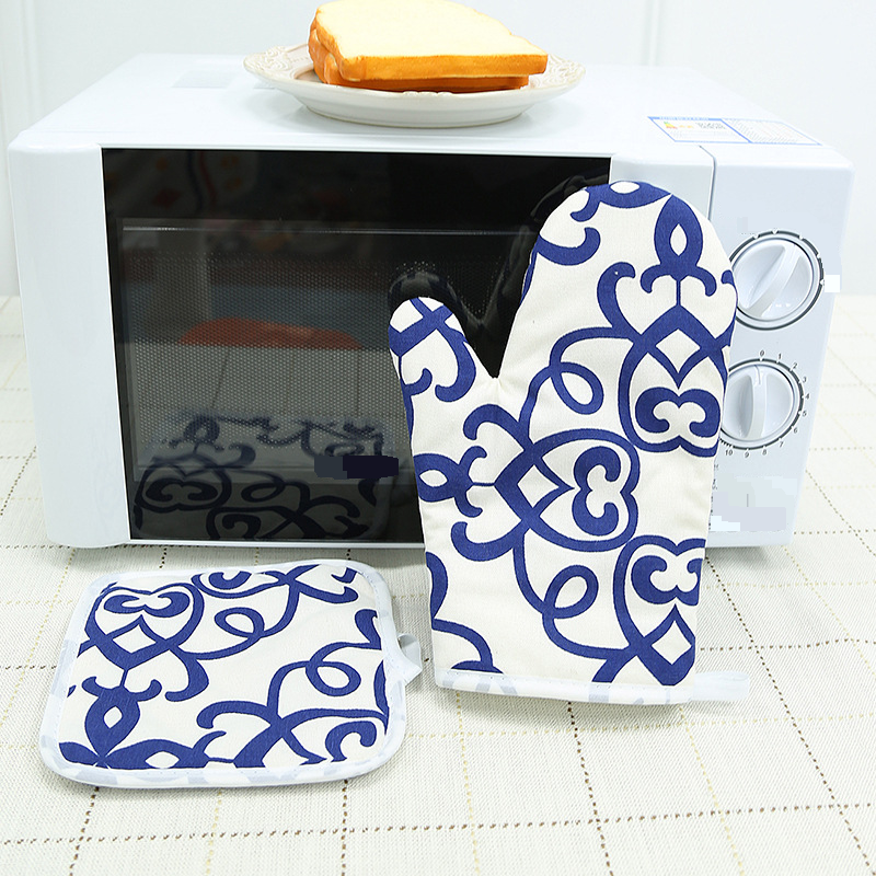 Bohemian Style Microwave Oven Mitts & Hot Pad Set – Heat-Resistant Cotton Linen Gloves With Geometric Design, 26cm Length_voghion.com