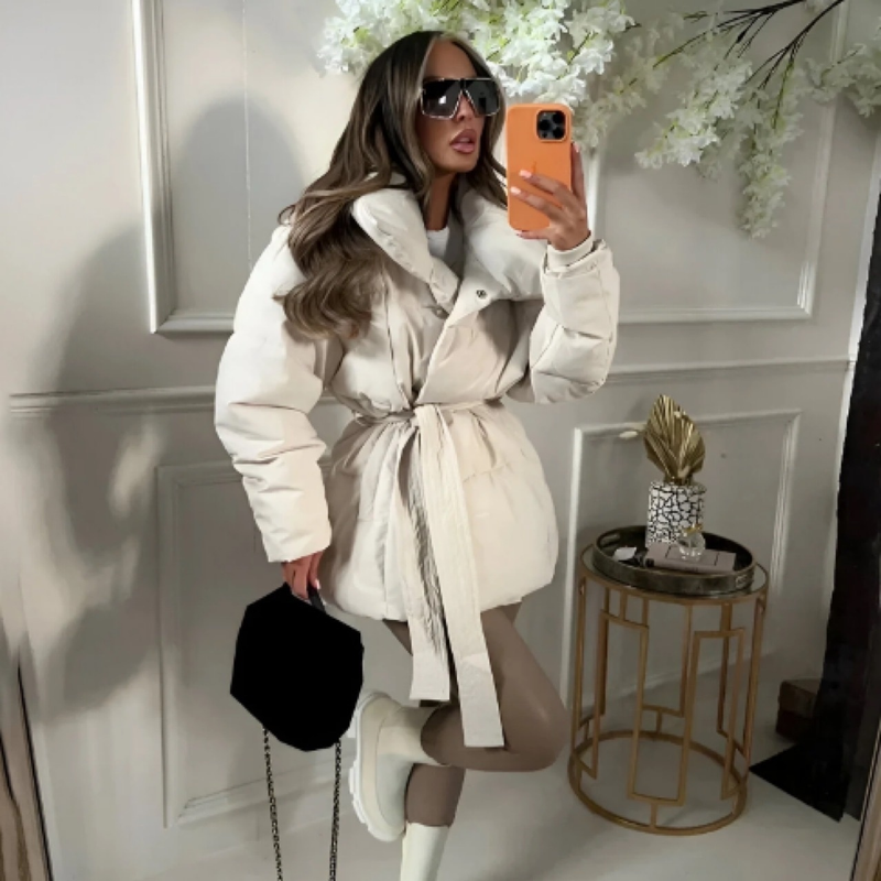 Women’s Longline Belted Puffer Coat – Lightweight Quilted Jacket With Stand Collar & Zip Closure (Black, Beige, White, S-2XL)_voghion.com